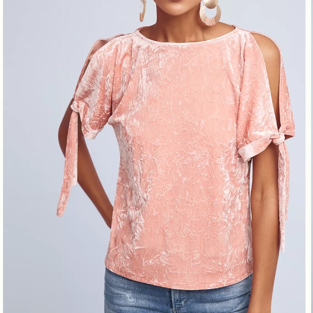 Maeve Crushed Velvet Cold Shoulder Blouse - Dusty Pink